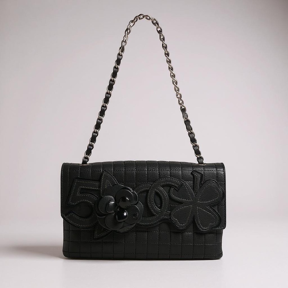 Chanel No. 5 Camellia CC Chocolate Bar Calfskin Silver-Tone Hardware.